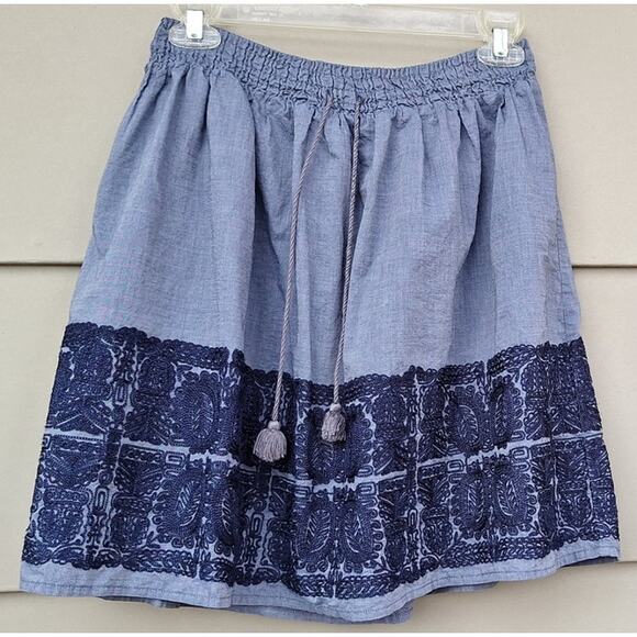 J CREW Zafrina Embroidered Chambray Skirt Cotton Elastic waist Tassels M Boho - Picture 2 of 11